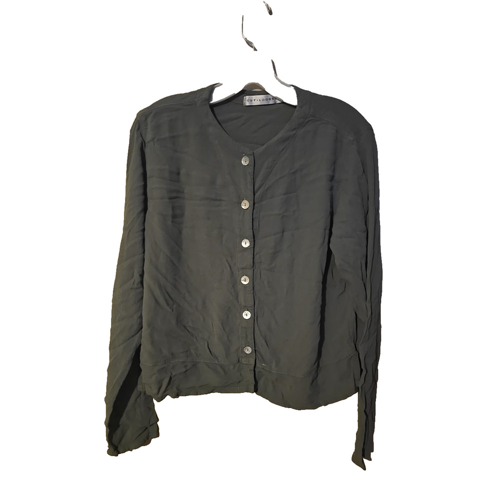 Cut Loose Gray Button Front Lagenlook Long Sleeve‎ Casual Top Womans Size Medium